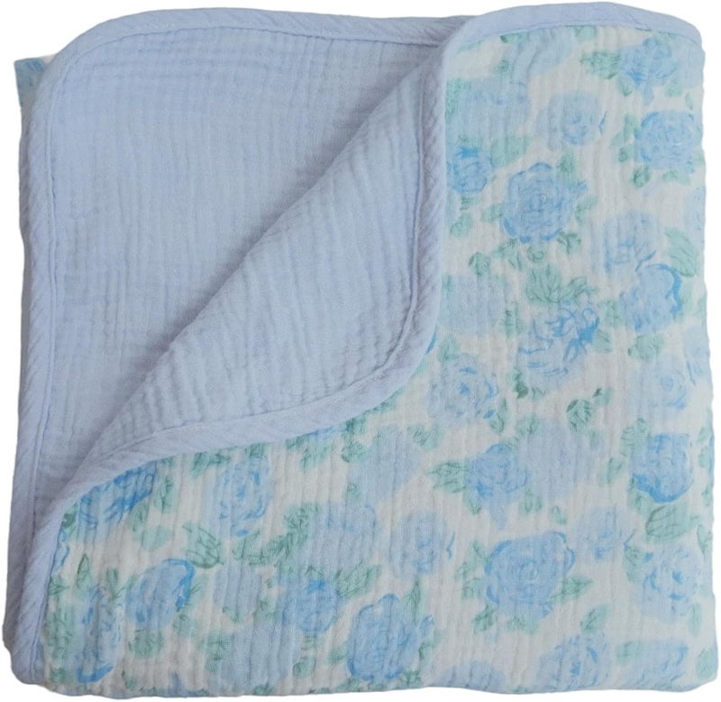 JoyTrek 100% Cotton Muslin Baby Blanket,Reversible Receiving Blanket for Girls,Premium Organic Cotton Crib Quilt for Newborns Toddlers,Soft&Durable for Nursery,Tummy Time,Blue Rose 47x47in - Image 1